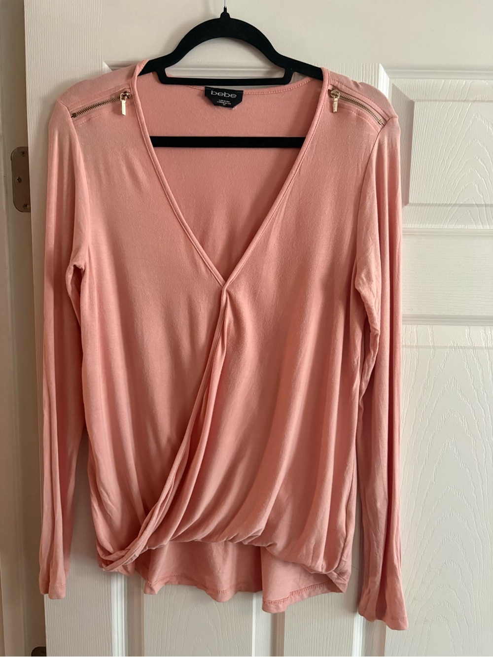 bebe y2k Pink Knit Stretch Wrap V-Neck Long Sleeve blouse top Zipper Accent S